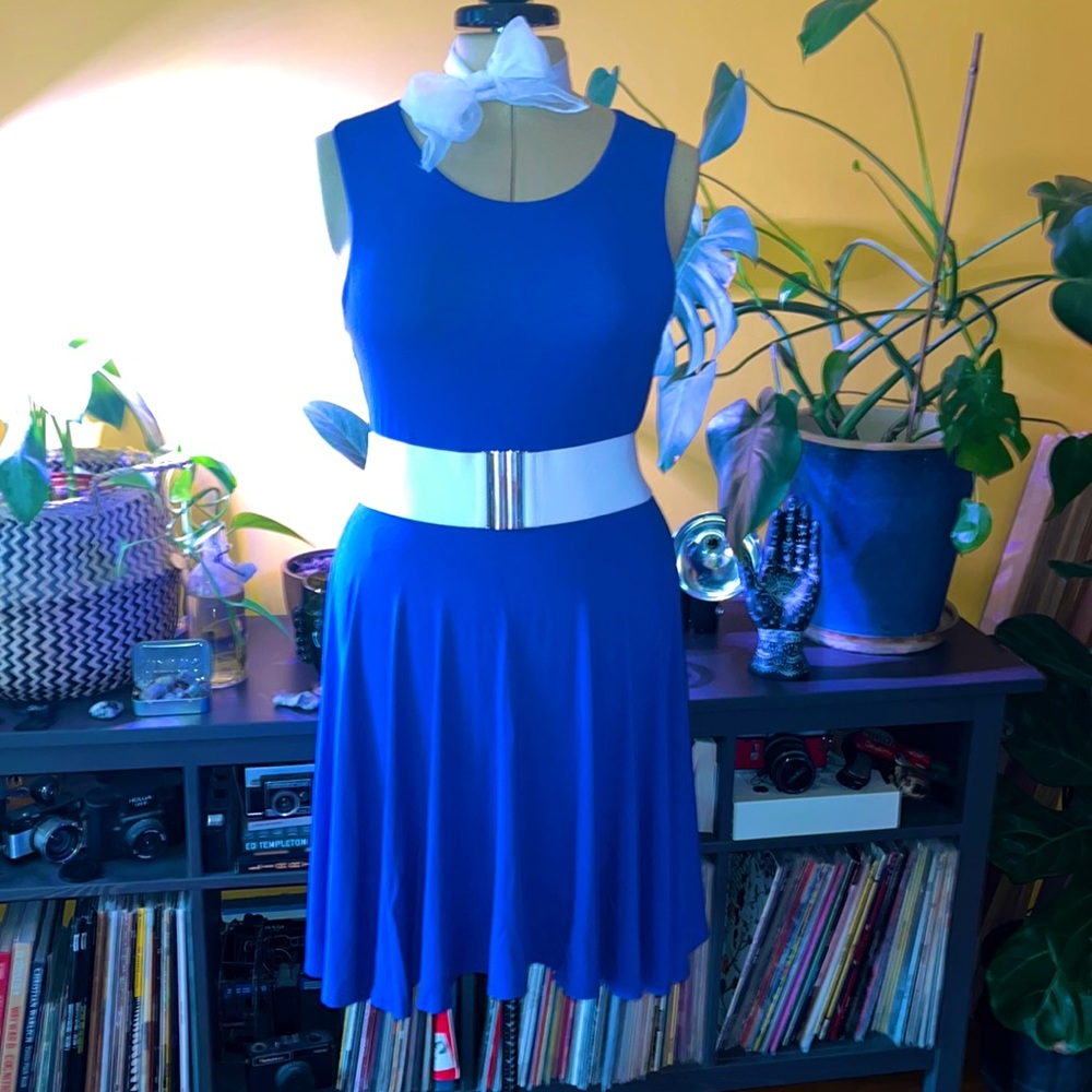 L Bright Blue Retro Style Office Dress